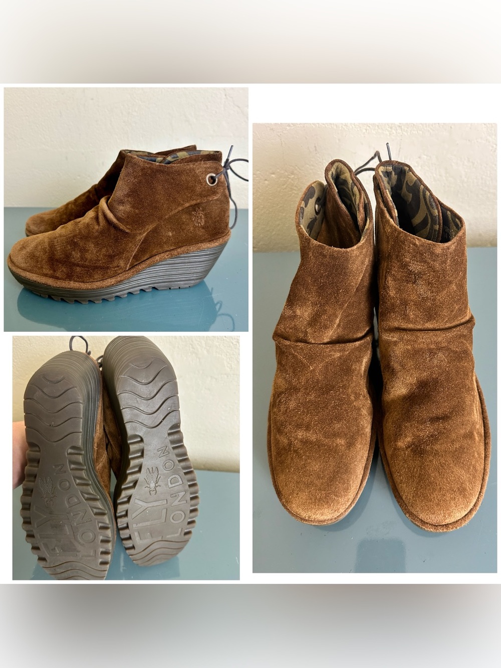 FLY London Boots Womens Yebi Brown Suede Tie Lace Ankle Wedge Shoes Sz 41